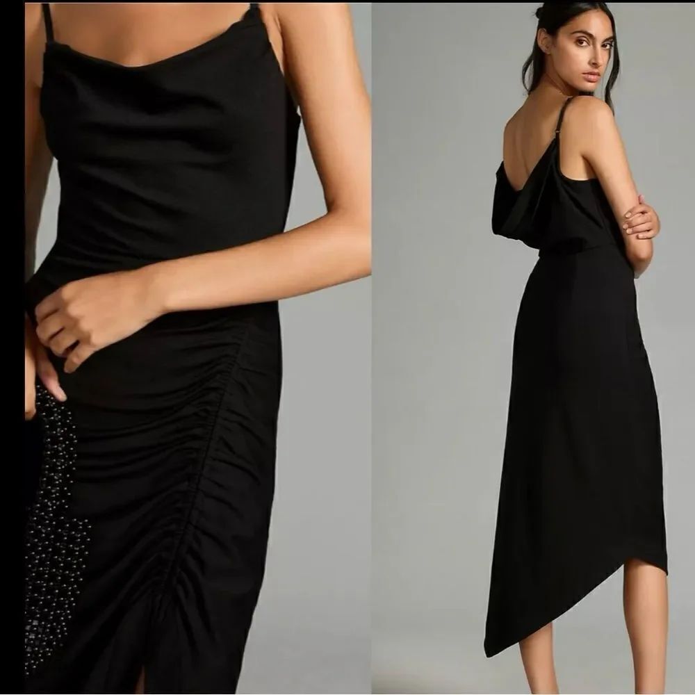 Anthropologie Cowl-Neck Ruched Dress L NWT $160